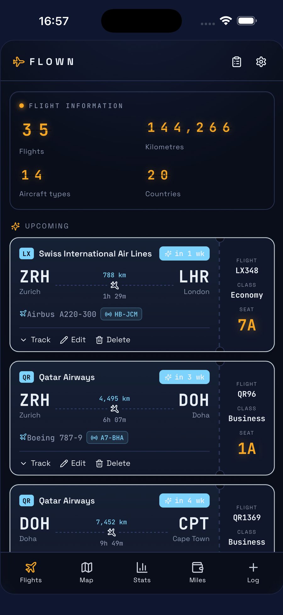 Flown logbook with boarding pass style flight cards