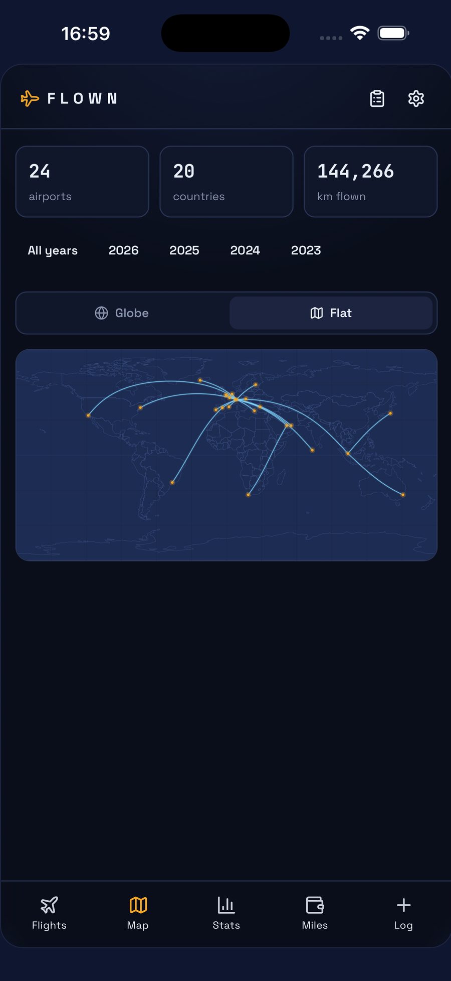 Flown flat world map with flight routes