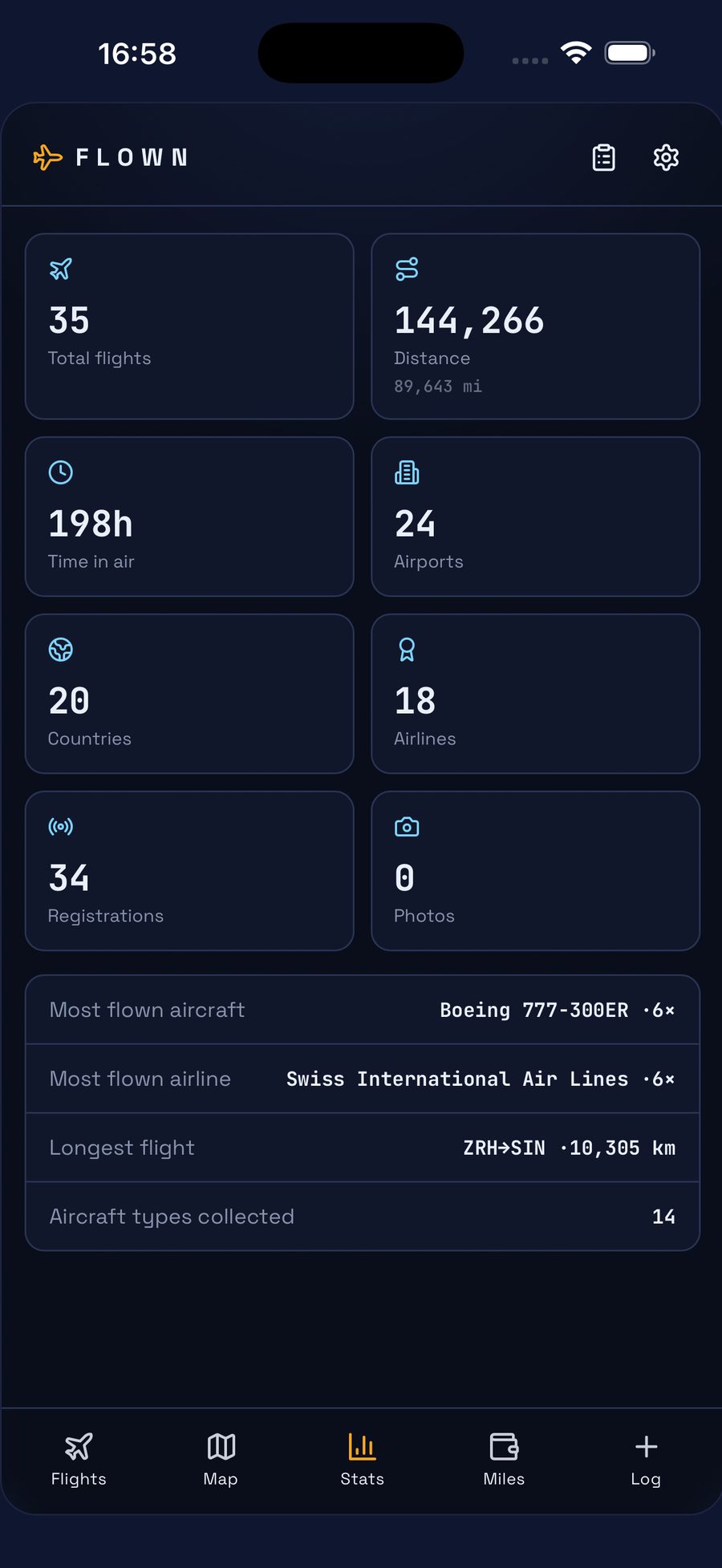 Flown statistics screen